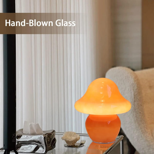 Orange Glass Mushroom Lamp – Aesthetic Mushroom Table Lamp for Cozy Bedroom & Living Room