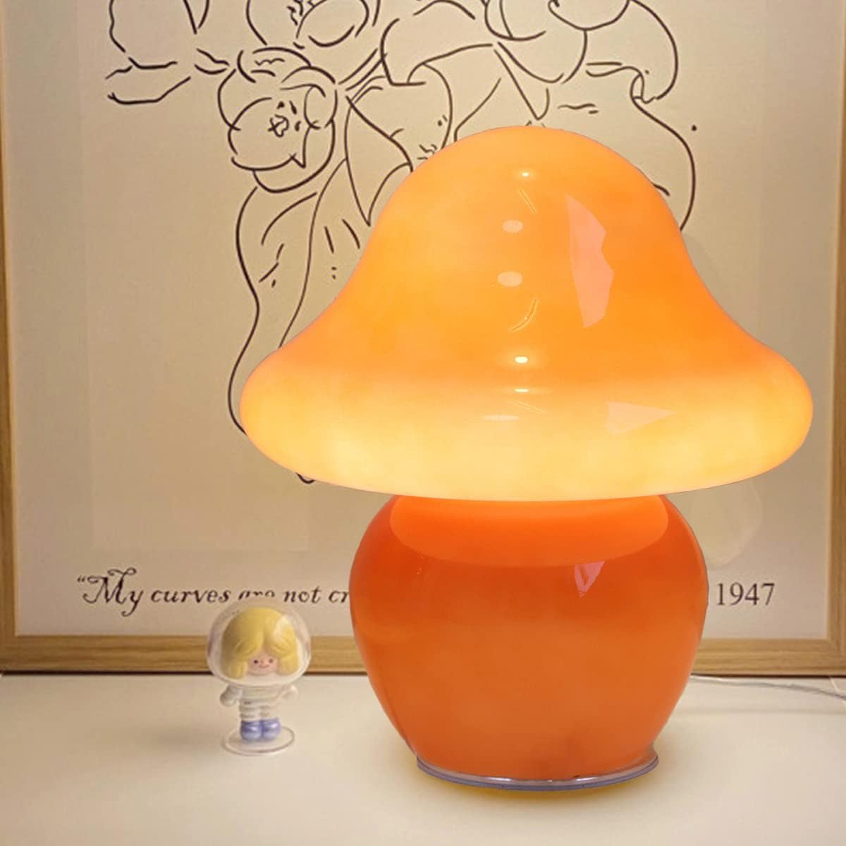 Orange Glass Mushroom Lamp – Aesthetic Mushroom Table Lamp for Cozy Bedroom & Living Room